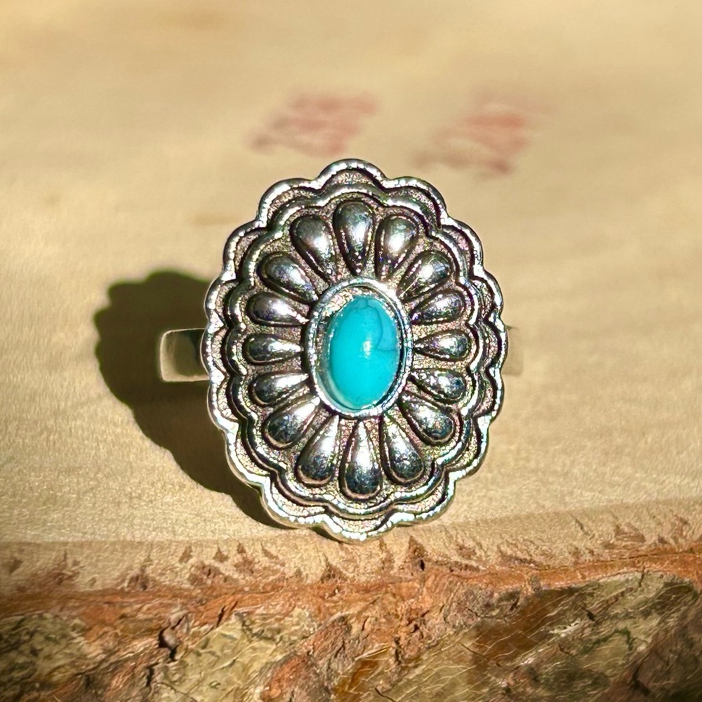 Bohemian Shabby Chic Faux Turquoise Statement Ring Set Trendy Unique 7.5/8 - Picture 5 of 7